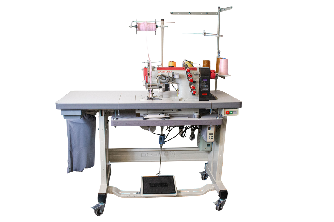 NT-500-05CB/E ELASTIC SETTING DEVICE W/FEEDING DEVICE DIRECT DRIVE 3 NEEDLE 5 THREADS RIGHT SIDE CUTTING EDGE COVERSTITCH SEWING MACHINE
