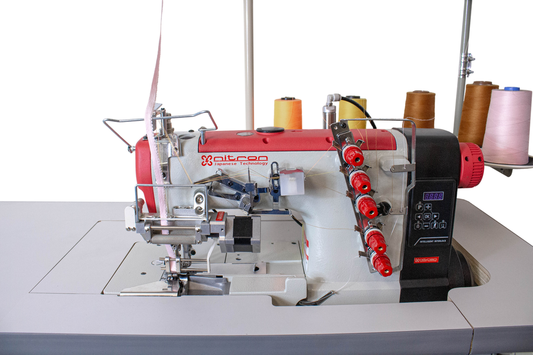 NT-500-05CB/E ELASTIC SETTING DEVICE W/FEEDING DEVICE DIRECT DRIVE 3 NEEDLE 5 THREADS RIGHT SIDE CUTTING EDGE COVERSTITCH SEWING MACHINE