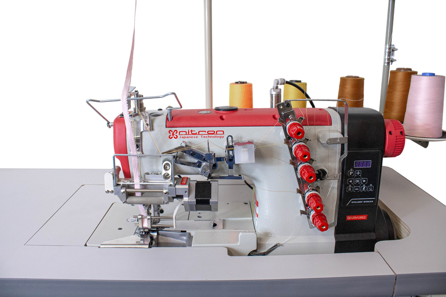 NT-500-05CB/E ELASTIC SETTING DEVICE W/FEEDING DEVICE DIRECT DRIVE 3 NEEDLE 5 THREADS RIGHT SIDE CUTTING EDGE COVERSTITCH SEWING MACHINE